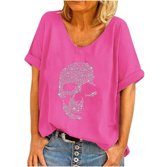 Cross-border Foreign Trade European and American Women's T-shirt Top Women's Amazon wish Independent Station Short Sleeve Large Size Loose Beaded T-shirt
