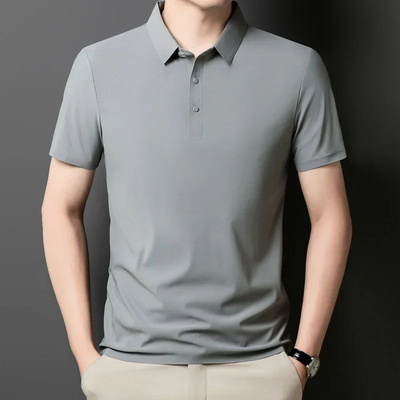 Summer Solid Color Traceless Light Luxury Polo Shirt Men's Lar Half Sleeve Top Breathable Ice Silk Casual Short Sleeve T-shirt