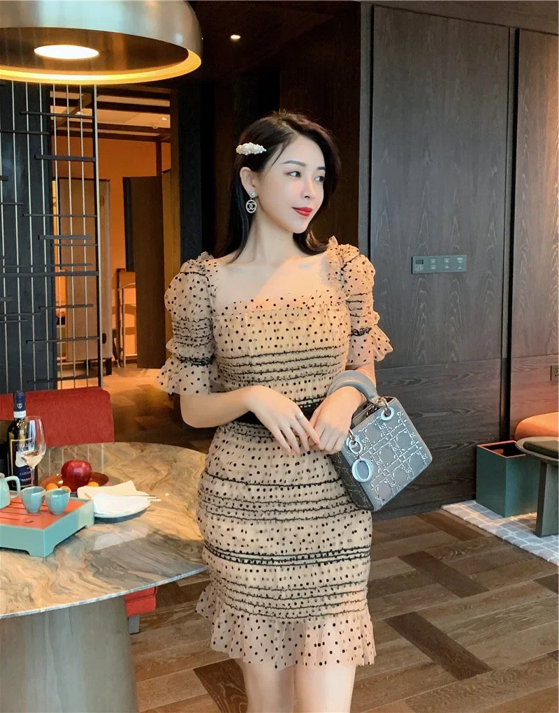 Đầm suông nữ midi họa tiết chấm bi phong cách Pháp — Chấm bi (mẫu ngắn) chi tiết 5