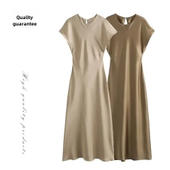 新款歐美風色丁連衣裙緞面無袖長裙休閒純色V領絲緞感迷笛裙