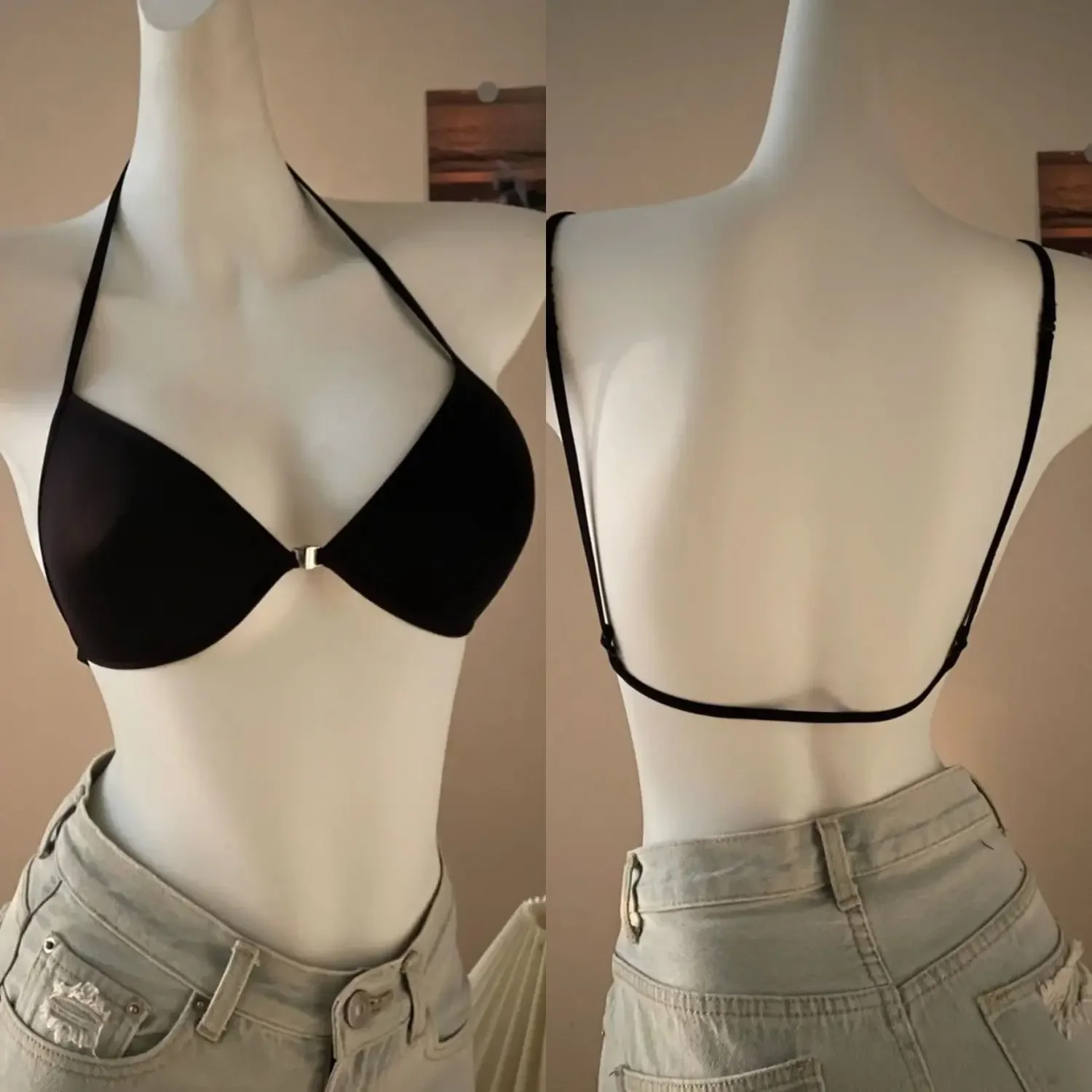 French Front Buckle Cross Neck Beautiful Back Backless Small Chest Girl's Underwear Thin Strap Non-steel Ring Non-marking Bra Summer
