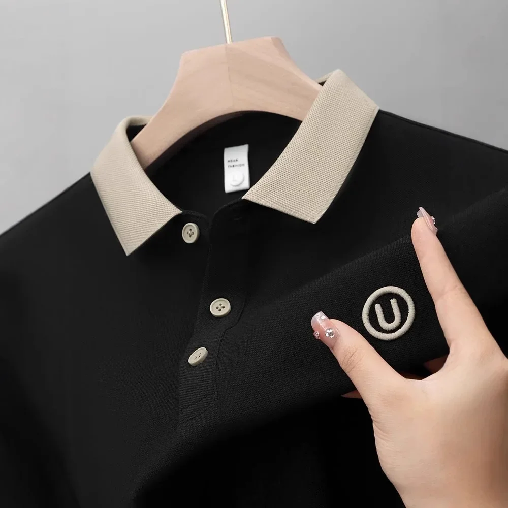 Thin and light embroidered men's short-sleeved polo shirt 2025 summer thin color-blocking stand-up collar casual T-shirt loose top for men 
