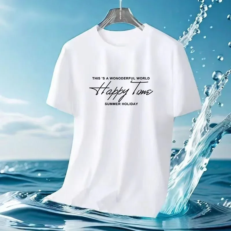 2024 Summer Mesh Ice Silk T-shirt All-match Printed Thin Round Neck Quick-drying Short-sleeved T-shirt Men's Sports Style