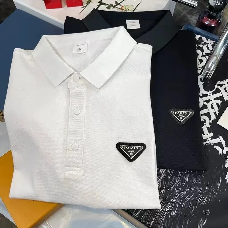 High-end European Men's Short-sleeved Polo Shirt Trendy Brand Lop Half-sleeved T-shirt Simple Light Luxury Solid Color Base Shirt