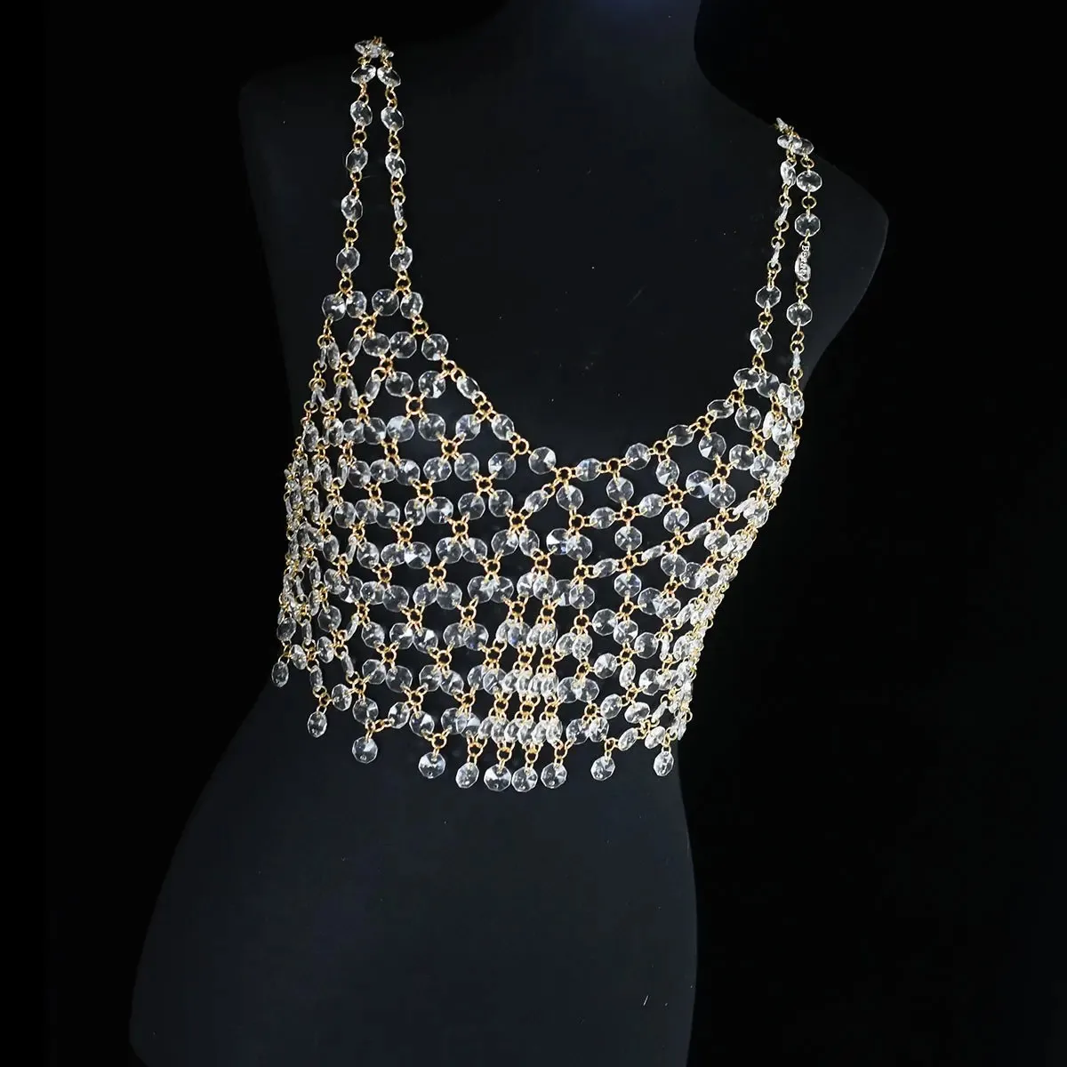 Crystal pendant, top with cups, bra, shiny accessory, underwear