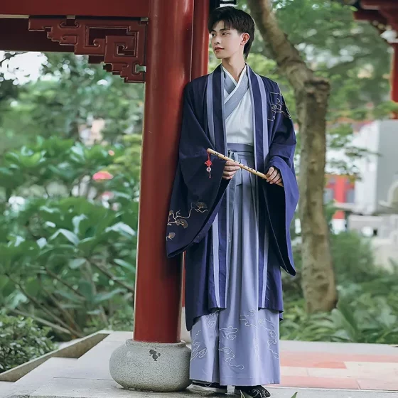 Song-made Men's Hanfu Embroidered Flat-breasted Cape Large-size Ancient Costume Scholar's Collar Long-sleeved One-piece U-shaped Skirt Three-piece Set