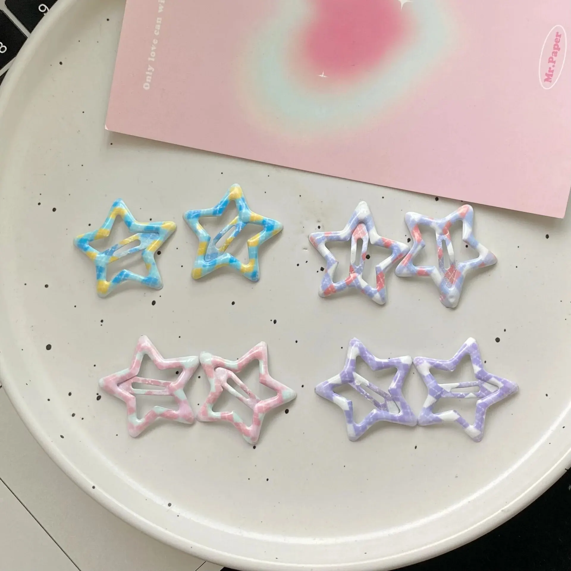 New college style Plaid five-pointed star drop oil Star candy color diamond hair clip girl Heart star hair clip wholesale