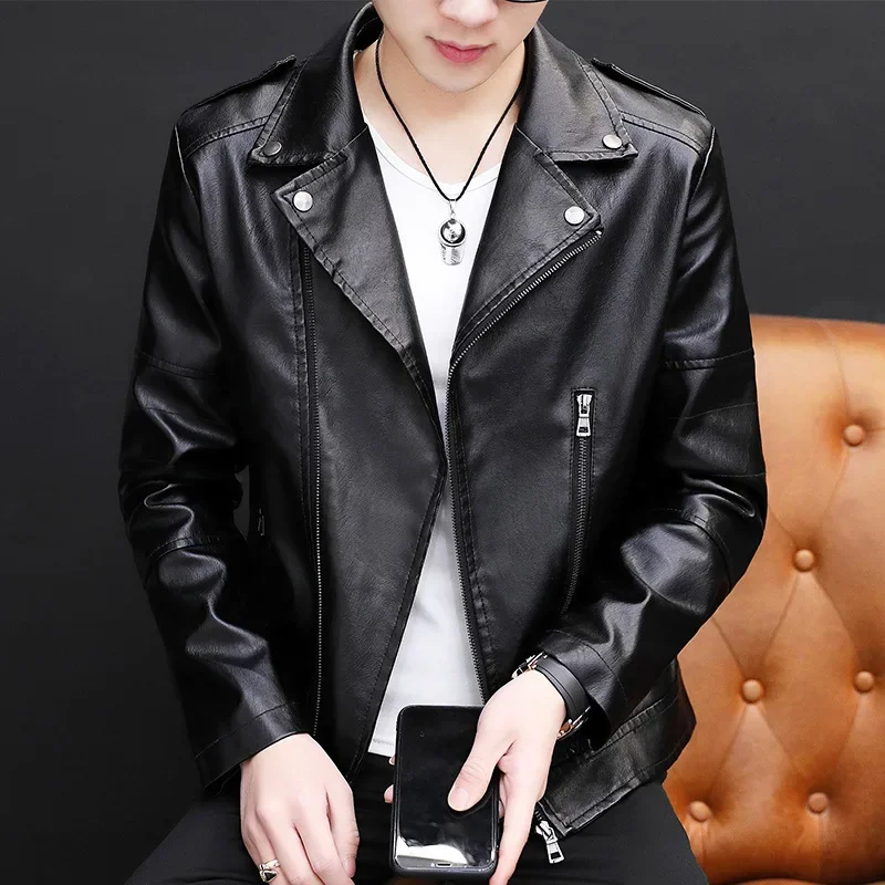 Cross-border Spring and Autumn New Style Leather Jacket Men's Trendy Brand Motorcycle Jacket Slim-fit Korean Style Handsome Leather Jacket for Young Men