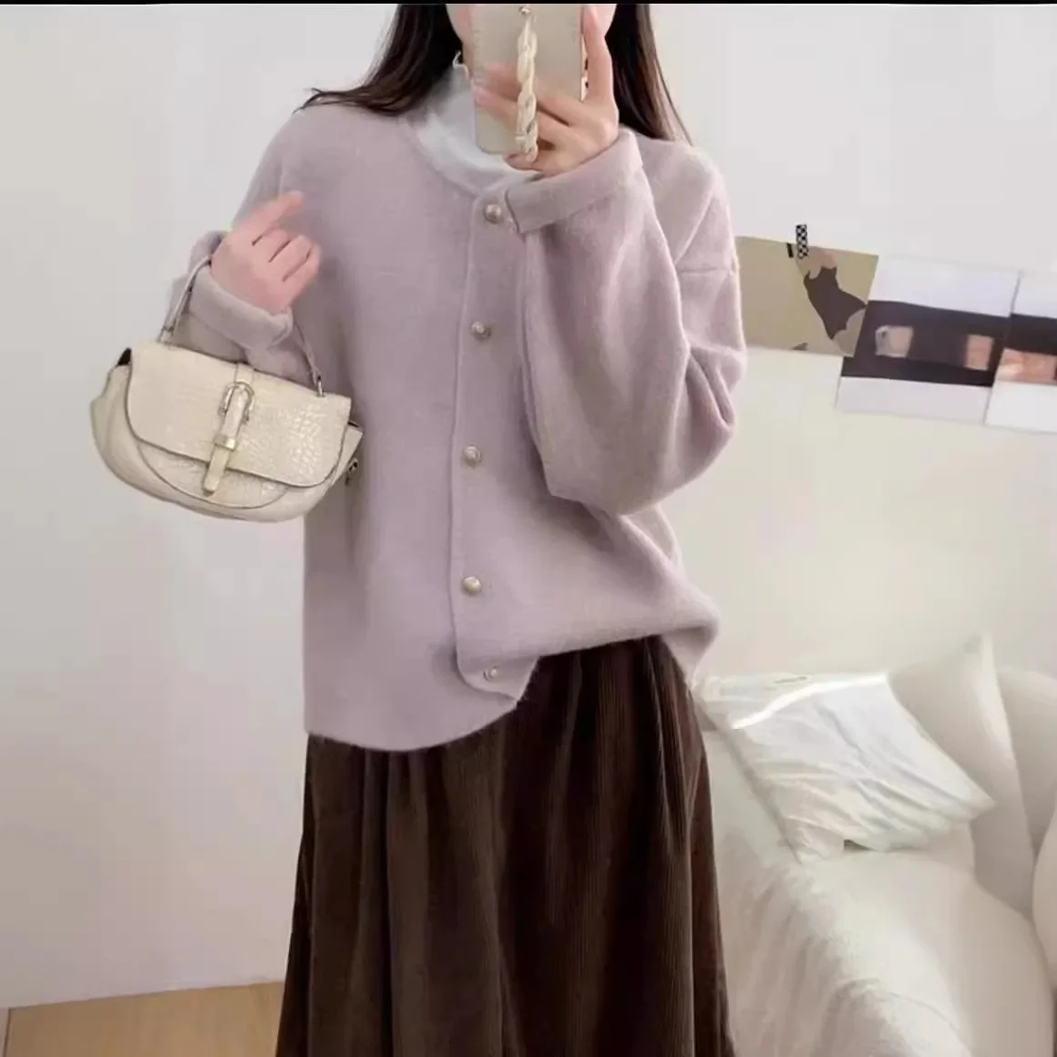 Jane Daini Single-breasted Solid Color Crewneck Sweater Coat Women's High-end Fashionable Korean Knitted Cardigan Lazy Style