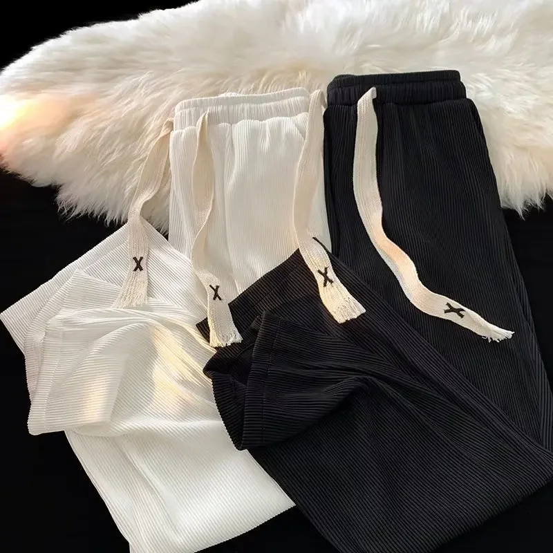 Men's Summer Ice Silk Pants with Drape and Ice Feel, High Street Sporty Loose Straight Leg Fashion Wide Leg Casual Trousers