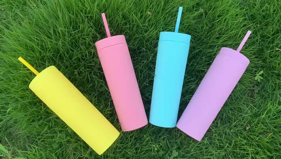 Plain Tumblers (12 Pack) Matte Colored Acrylic Tumblers With Lids And