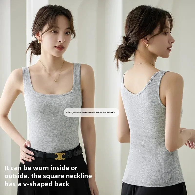 Women's underwire camisole with bra cups, suitable for summer outerwear, beautiful back design, one-piece bralette, square neckline, sleeveless basic top