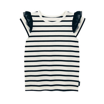 Qianquhui summer tops ຂອງເດັກນ້ອຍ lace breathable ຕາຫນ່າງ sleeves striped ເດັກຍິງຝ້າຍແຂນສັ້ນເສື້ອທີເຊີດ