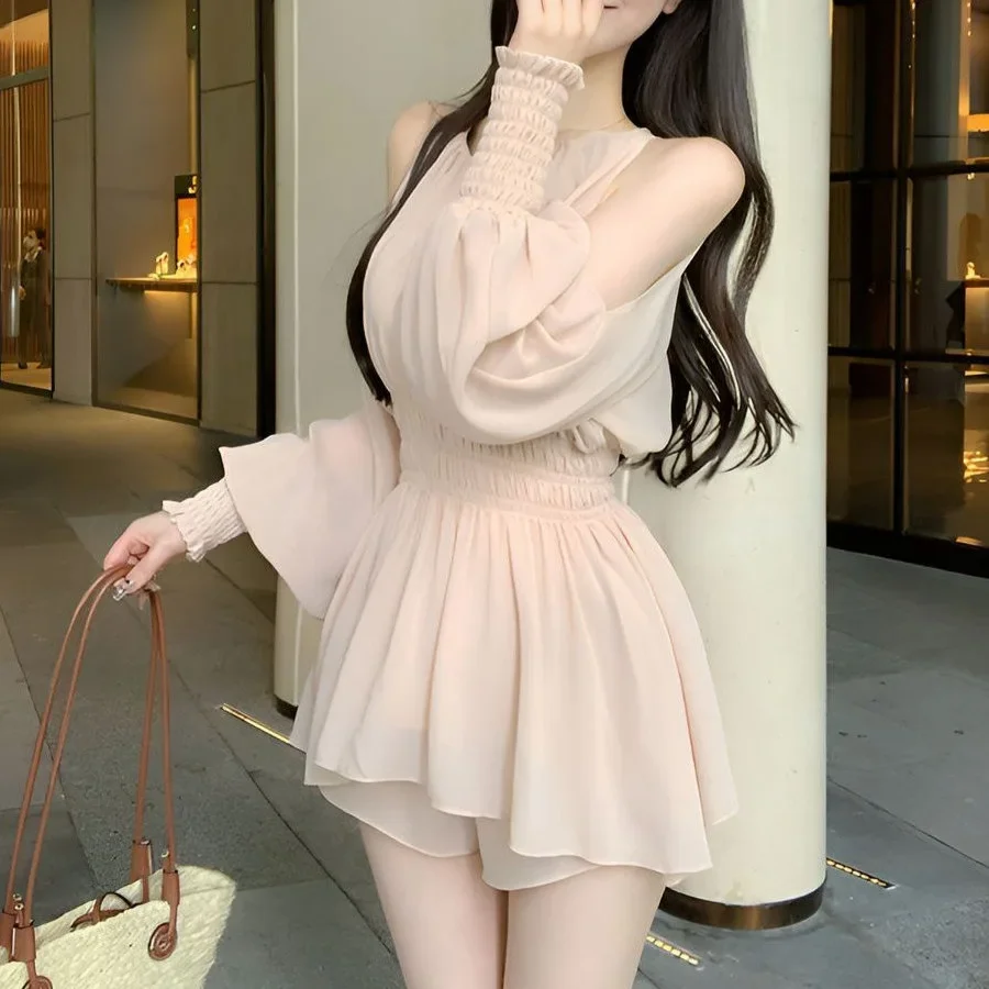 Off-The-Shoulder Waist-Cinching Top for Women, Summer 2025 New French Style Ultra-Fairy Sun-Protective Long-Sleeve Chiffon Shirt Two-Piece Set for Women