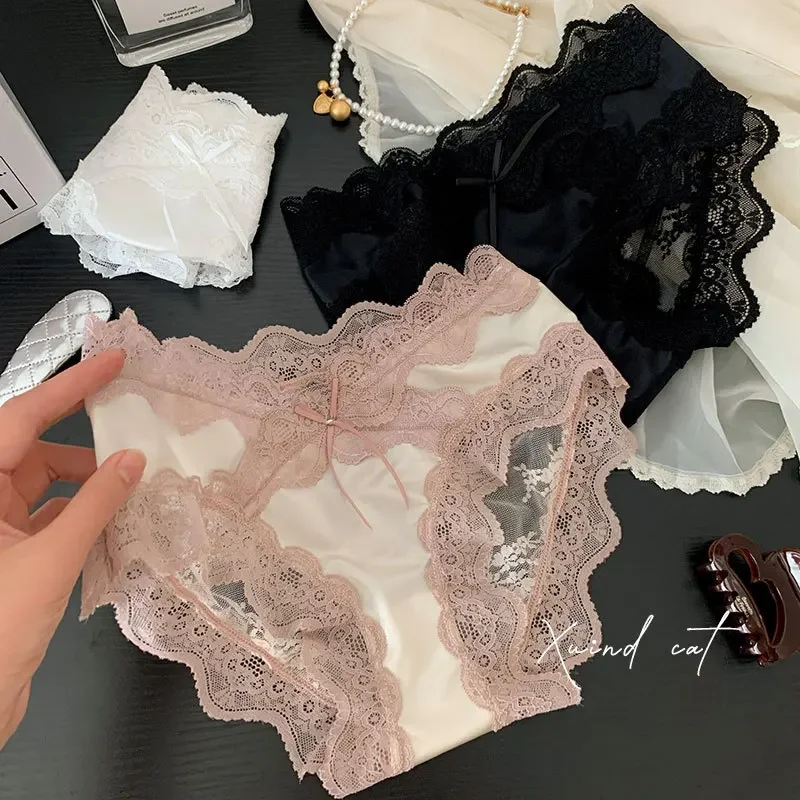 Original innovative pure sexy lace underwear cross girl satin ice silk low waist breathable mesh underwear women