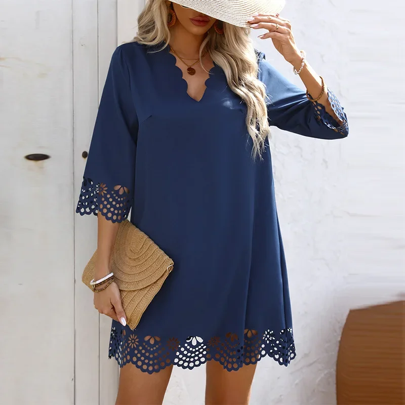 Amazon Foreign Trade Women's Cross-border European and American Style Dress 2025 Spring and Summer New Holiday Burned Flower Half-sleeve A-line Skirt