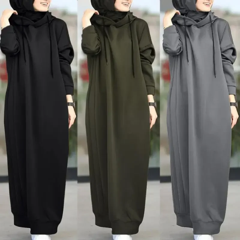 Cross-border 2024 Muslim Autumn Women's Solid Color Fluffy Fleece Hooded Drawstring Loose Casual Pocket Long Sleeve Guard