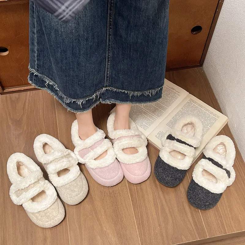 復古加絨魔術貼棉鞋女款2024冬季新款平底法式休閒保暖舒適毛毛鞋
