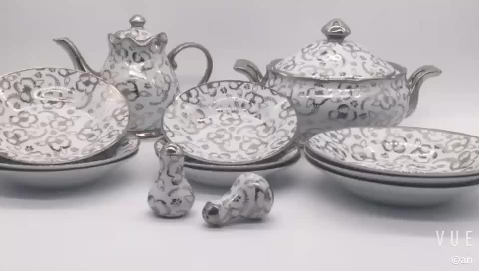 Pakistani Dubai Porcelain Dinner Set,13pcs 47pcs 72pcs Silver Dinner