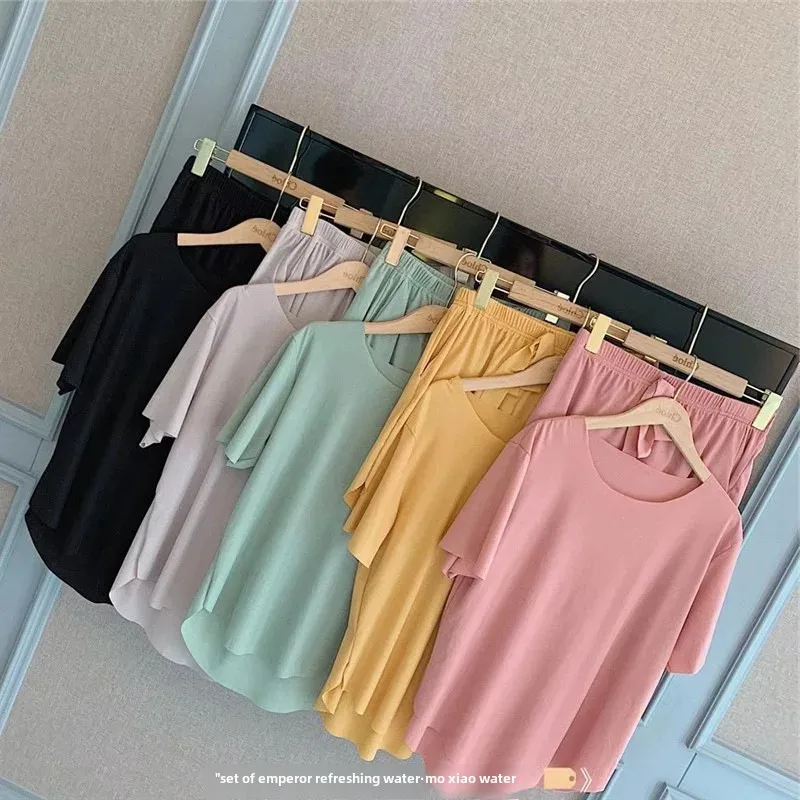 Pajamas Set Women's 2023 Spring and Summer New Ice-cool Queen Home Wear Thin Loose Solid Color Casual Two-piece Set for Women