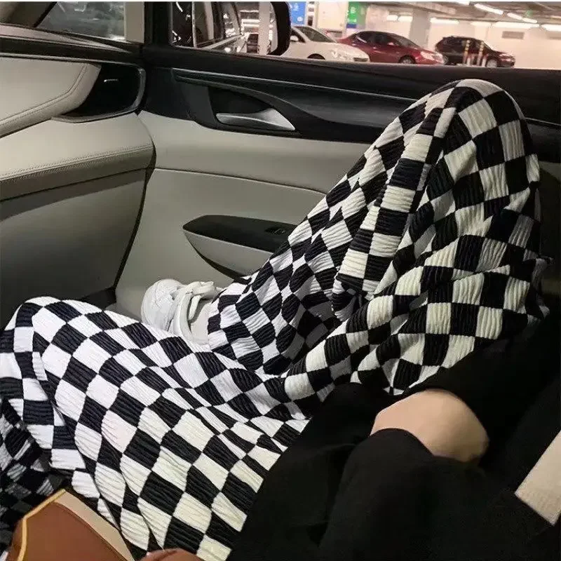 American Checkered Pants for Women - Spring and Summer Thin Version High Street Ins Trend Brand Droopy Wide Leg Pants for Men - Black and White Checkered Casual Pants