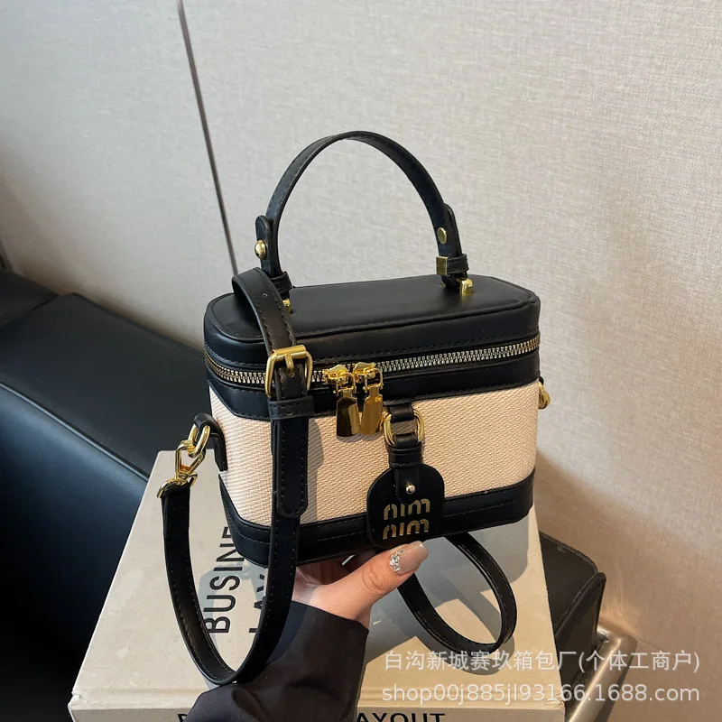 Cross-border High-end Handbag Women's 2025 New Arrival Stitching Canvas Shoulder Box Small Square Bag Contrast Color Crossbody Bag