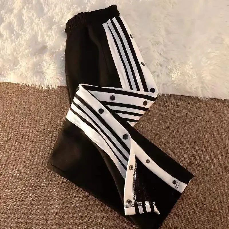 Zipper Pants Women Side Stripe Split Pants Women Loose Wide Leg Casual Pants Slimming Sporty Trousers 