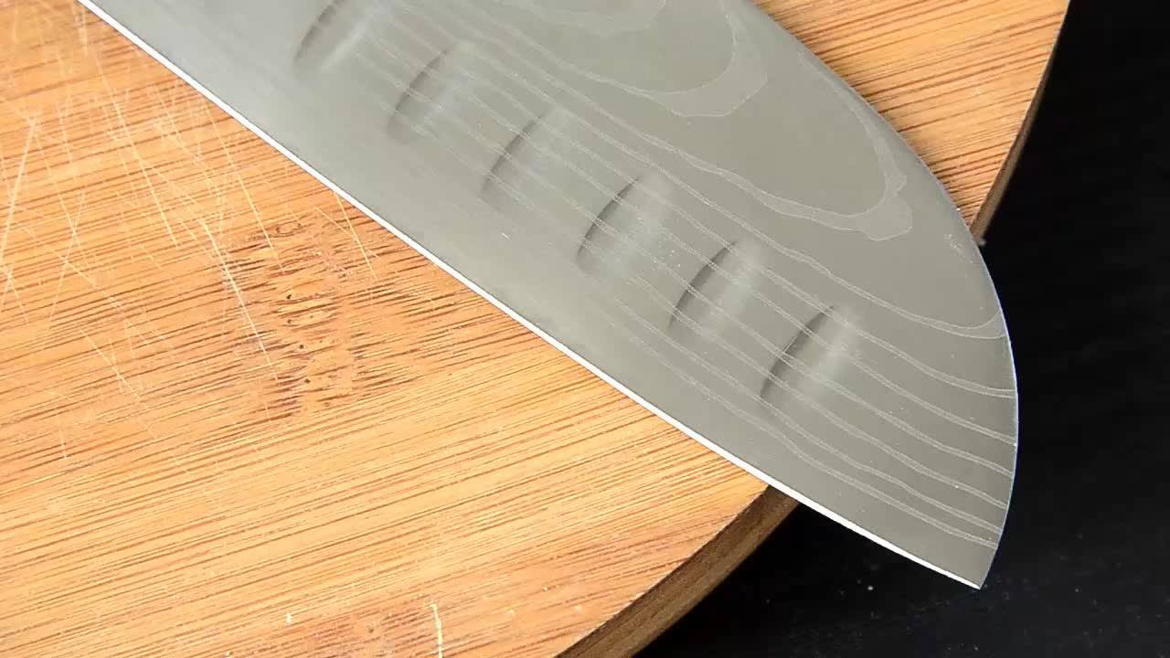 Santoku Knife Fluted Edge Stainless Steel Laser Damascus Pattern Sheath