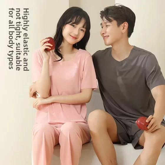 Ice Silk couple pajamas suit women's summer 2023years loose plus size home wear men's pajamas in stock wholesale
