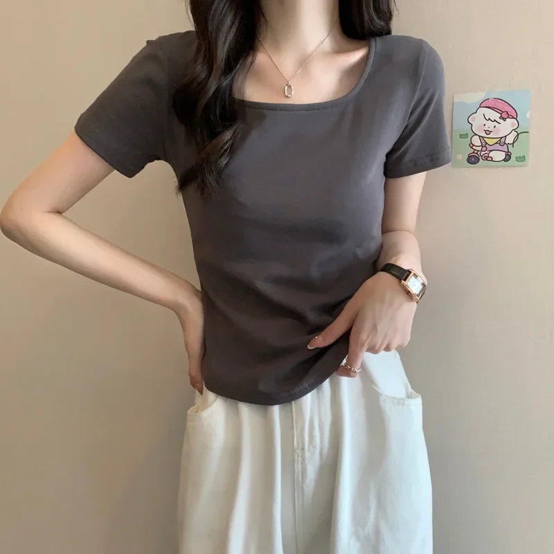 2025 Summer New Korean Style Short Sleeve T-Shirt for Women, Ins Inspired Unique Design Slimming Fit U-Neck Top, Direct Manufacturer Sale