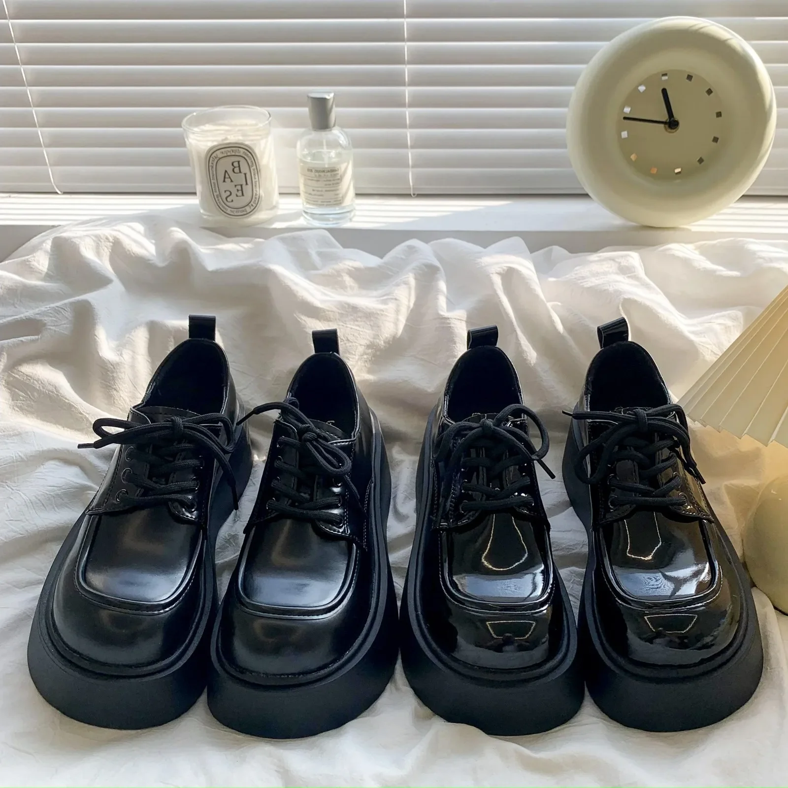Early Spring 2025 Black Thick Bottom Increased Big Head Lace Small Leather Shoes Women's New All-match British Style Vintage Single-layer Shoes