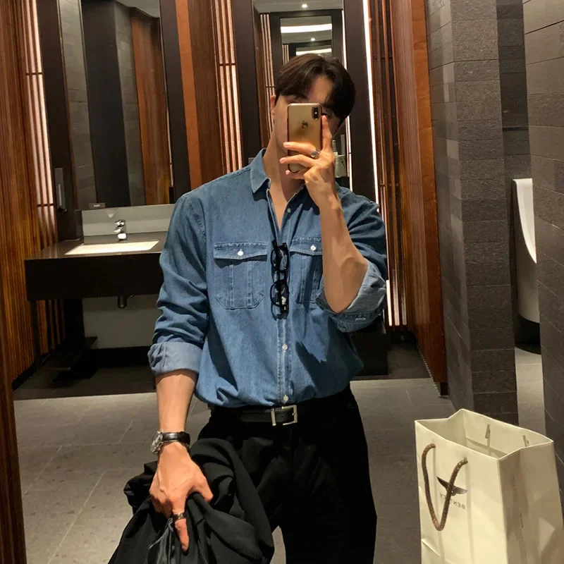  retro denim autumn blue shirt, Korean style