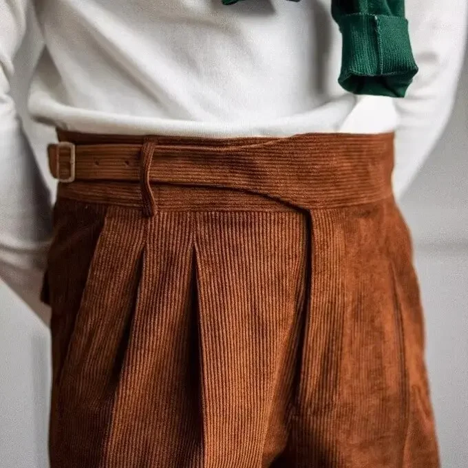 Linen corduroy Italian Naples straight high-waisted casual pants, luxury British business retro winter pants for trendy men