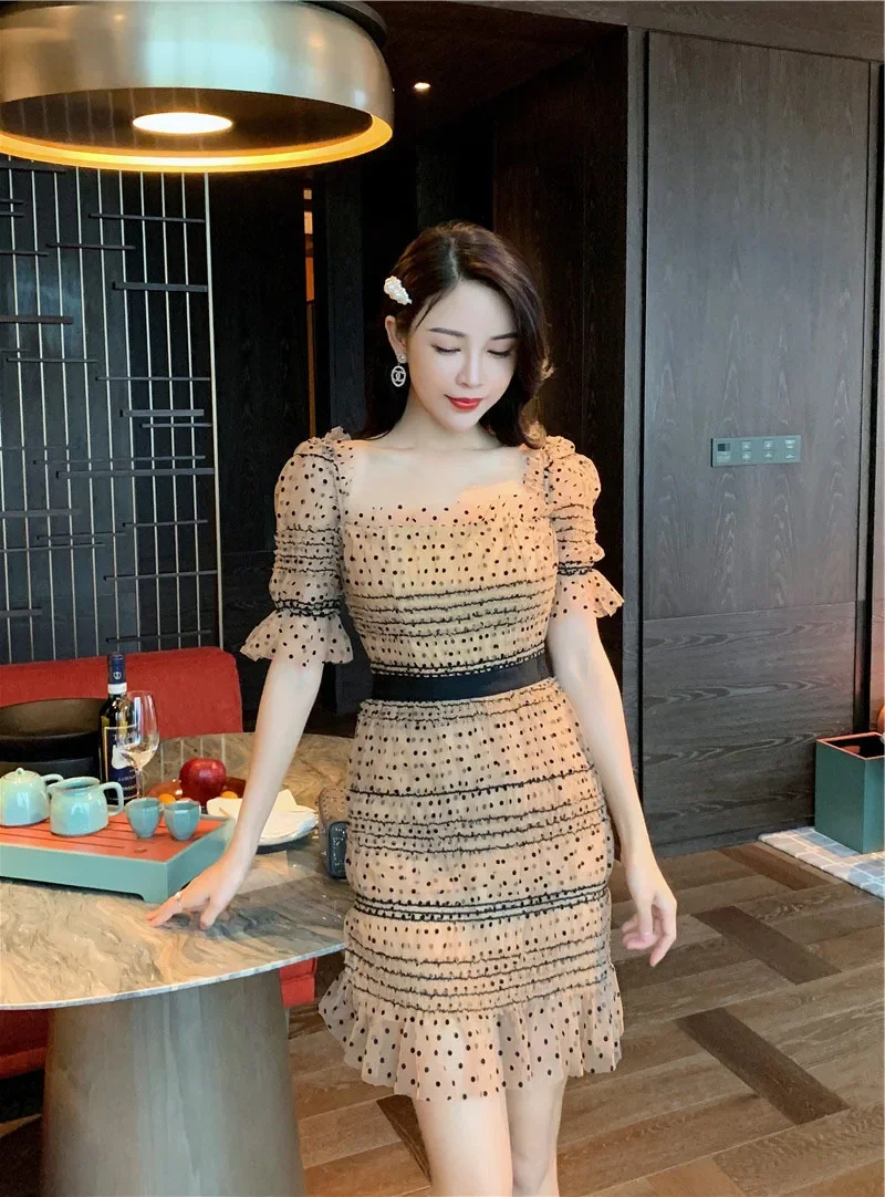 Đầm suông nữ midi họa tiết chấm bi phong cách Pháp — Chấm bi (mẫu ngắn) chi tiết 4