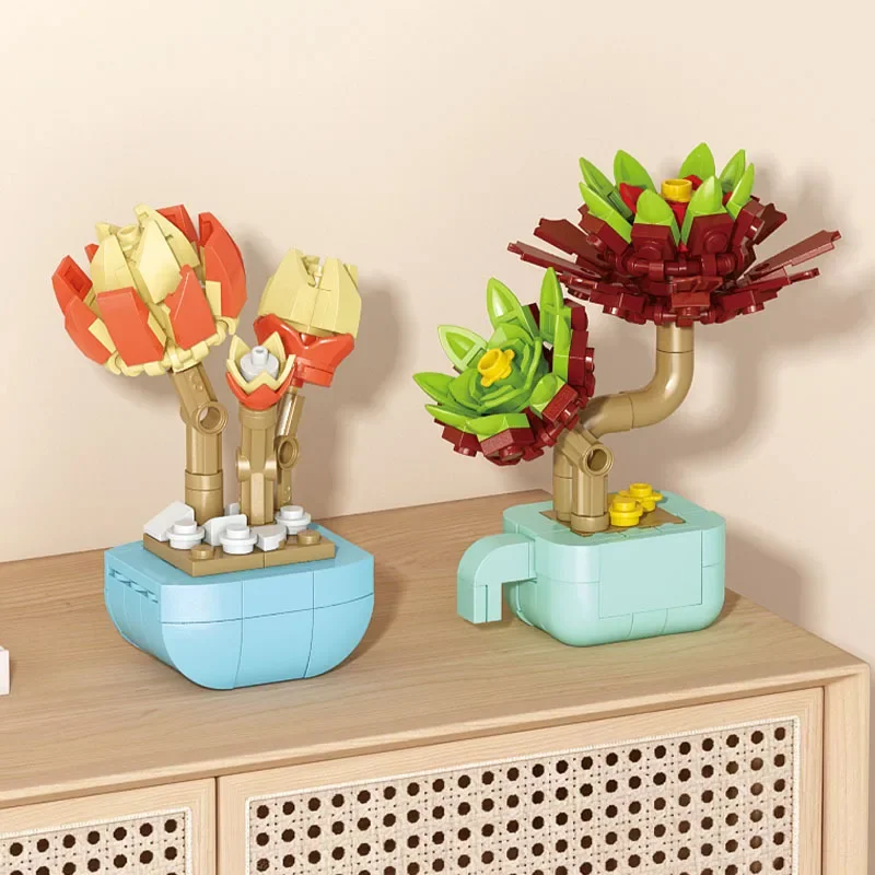 Compatible with Lego Building Blocks Fleshy Handmade Flower Potted Small Particle Children's Educational Assembled Desktop Decoration Model Gift