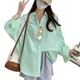 plus size Green Striped Shirt Women's Summer Korean Style Loose Sunscreen Shirt Cardigan Mid-length Salt Top