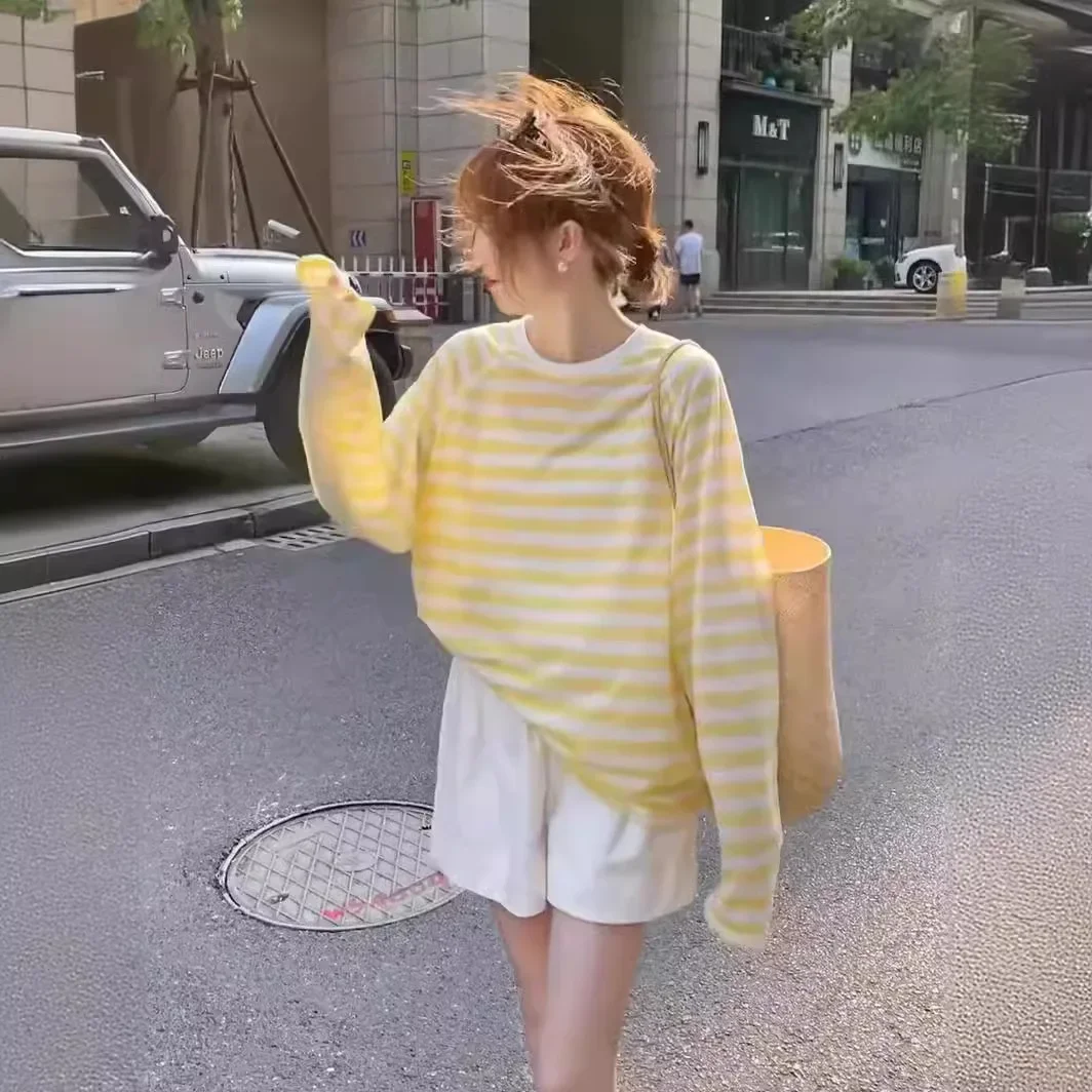 撞色透明條紋T恤女長袖春夏季衣服休閒寬鬆薄款防曬衣罩衫上衣服