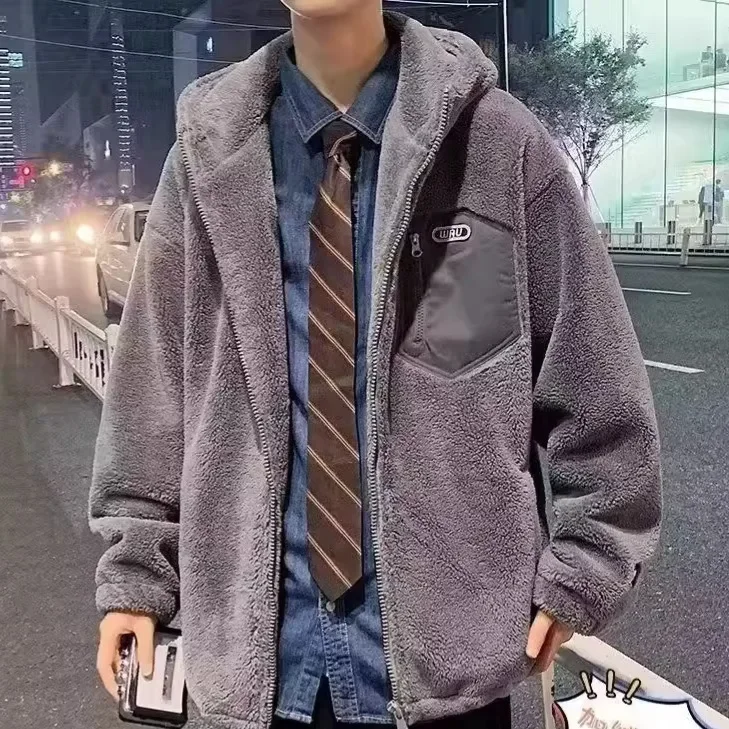 Hooded Jacket Men's 2024 New Winter Wear Teenager Lambskin High School Students Loose Warm Zipper Top Trendy