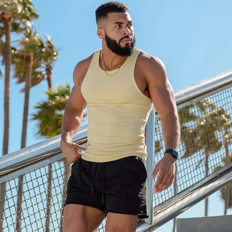 2023 Summer Knitted Ice Silk Rib Fitness Sports Leisure Slim Men's Vest Men's I-shaped Muscle Vest Men's