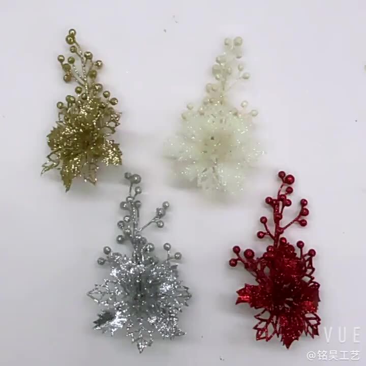 Red Gold Silver Hollowed Out Artificial Christmas Glittered Flower For Christmas Tree Decorative