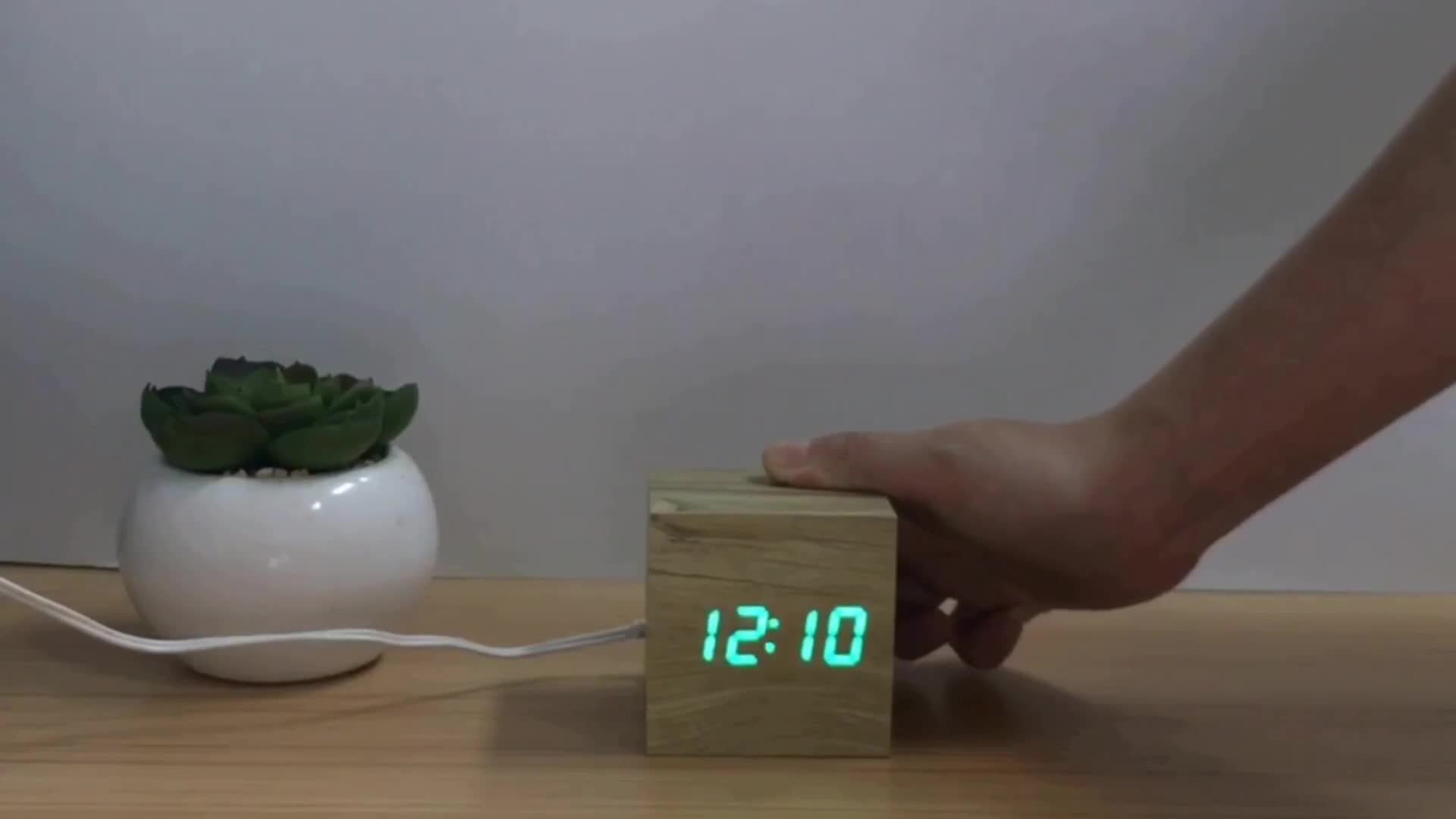 Cube Led Digital Alarm Clock Square Modern Wood Clock Thermometer Temp