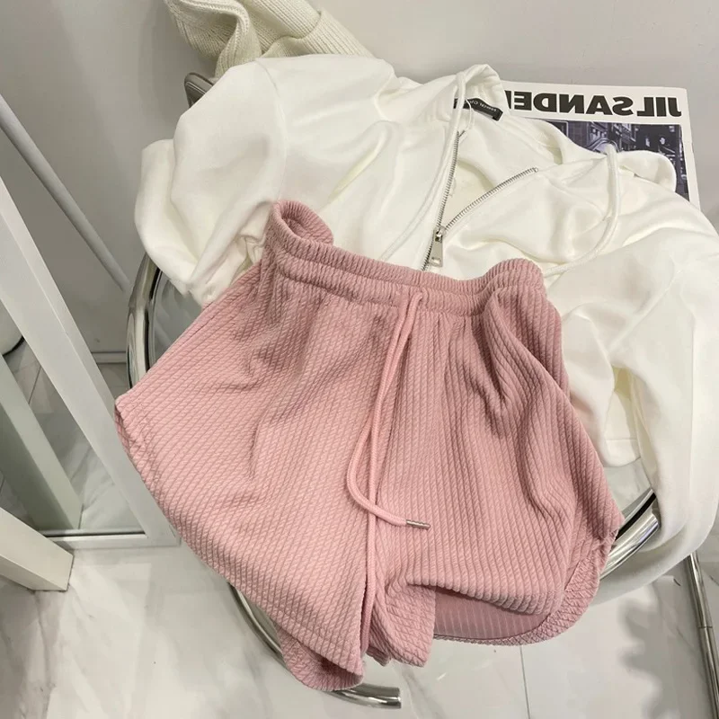 Pink Frayed Casual Sports Short Pants for Women, Summer High-Waisted Wide Leg Slimming White Elastic Waist Running Fitness Hot Pants