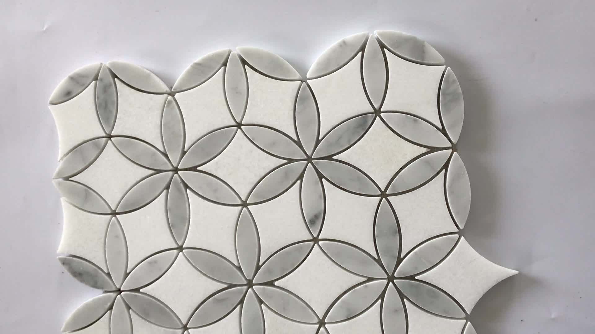 Circle Flower Tiles Carrara White Marble Water Jet Mosaic For Floor