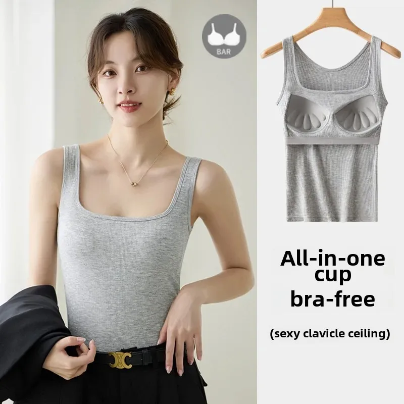 Women's underwire camisole with bra cups, suitable for summer outerwear, beautiful back design, one-piece bralette, square neckline, sleeveless basic top