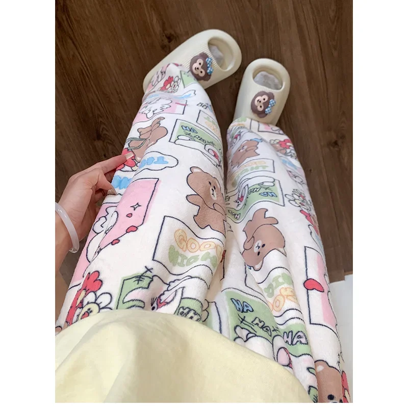 Pajama Pants Women's Half Coral Fleece Autumn and Winter Trousers Cartoon Cute Girl Students Warm Outer Wearing Home Pants