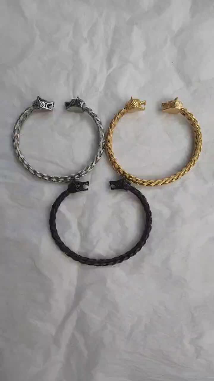 Men's Tiger Head Bracelet - Gold Stainless Steel Braided Cable Cuff, Adjustable Bangle (18-22cm) - View #3