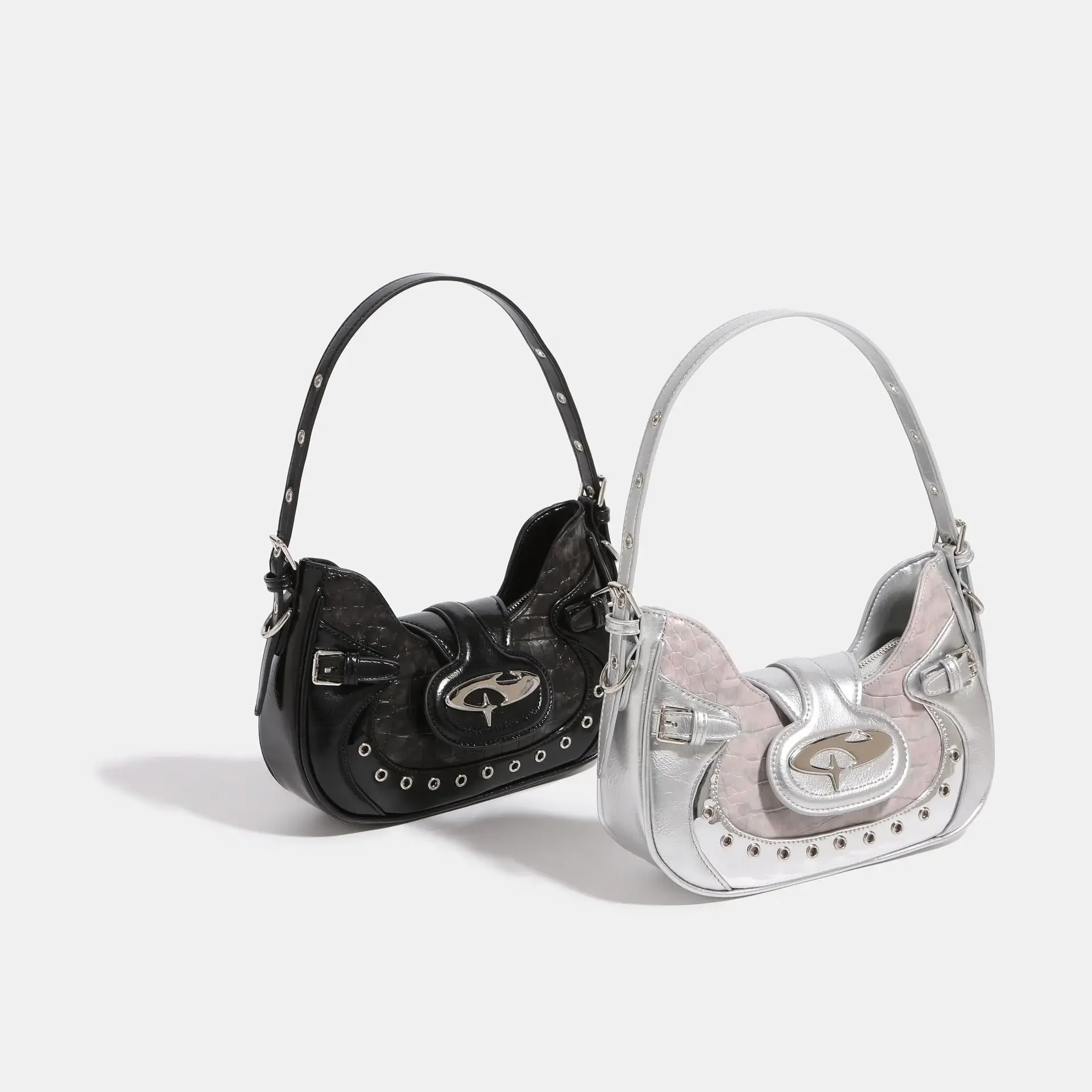 Millennium hot girl motorcycle bag 2023 new female niche design crocodile pattern underarm bag fog pink shoulder messenger bag