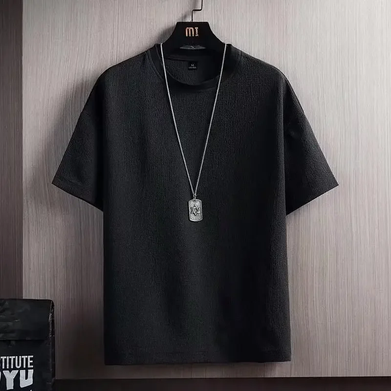 Summer New Men's Japanese Style Short Sleeve T-Shirt Half Sleeve T-Shirt Round Neck T Pure Color Loose Simple White Five-Fingered 