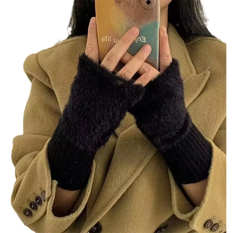 Demi-season knitted keep warm fleece gloves, internet celebrity, fingerless, wholesale