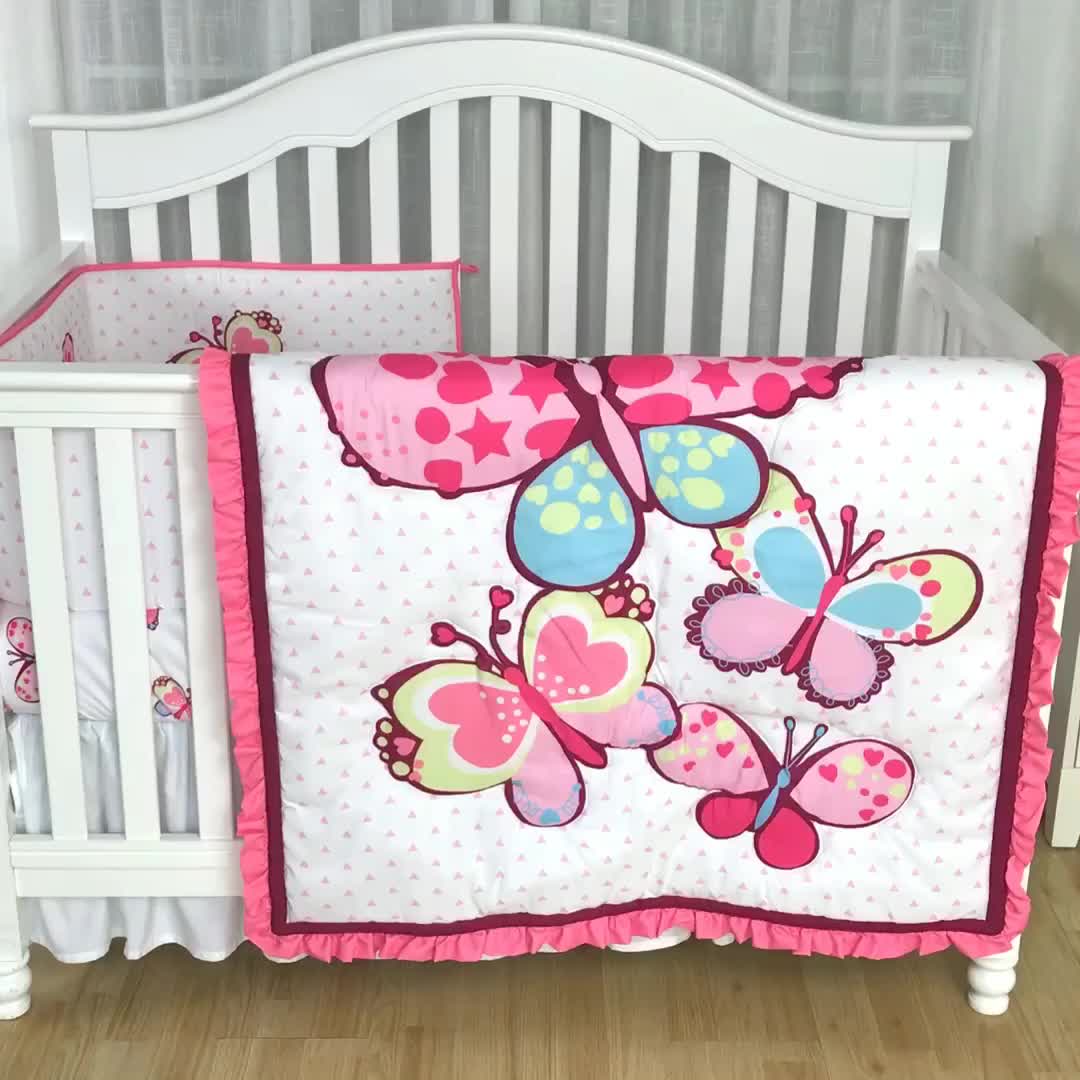 Pink Cartoon Butterfly Pattern Newborn Baby Bed Set Floral Crib Bedding